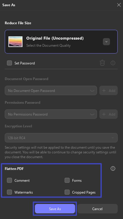 flatten pdf choices hit save as