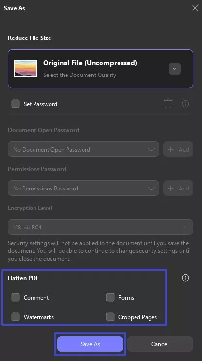 flatten pdf choices hit save as