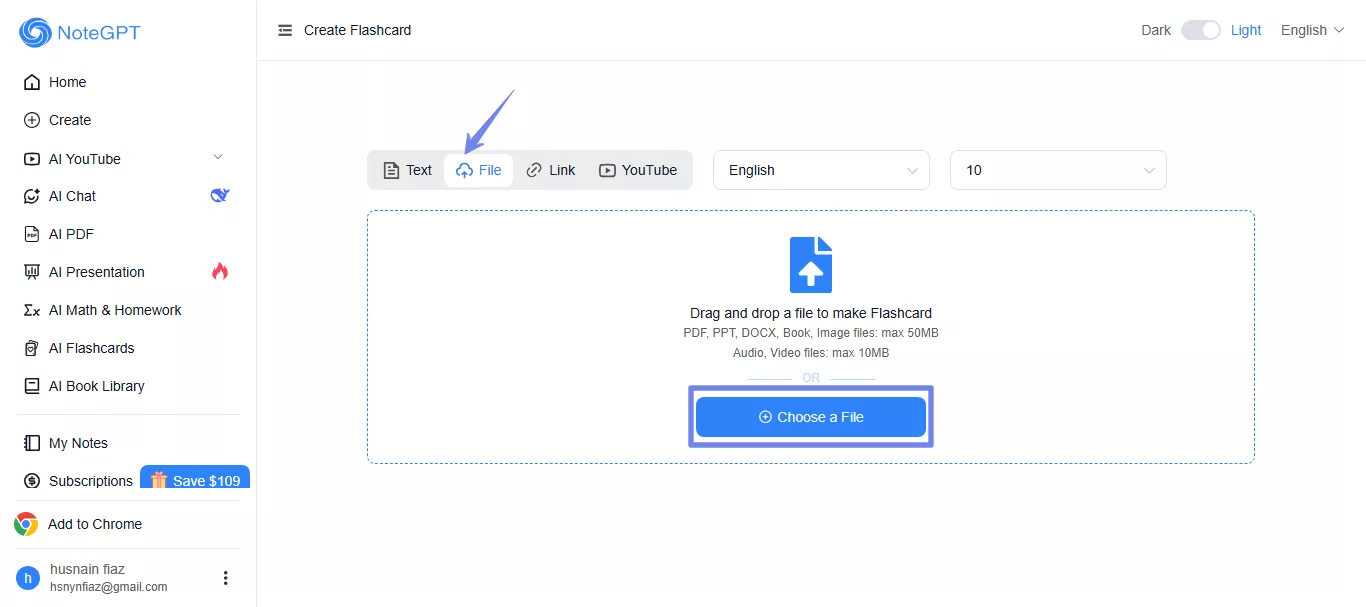 upload your file to notegpt