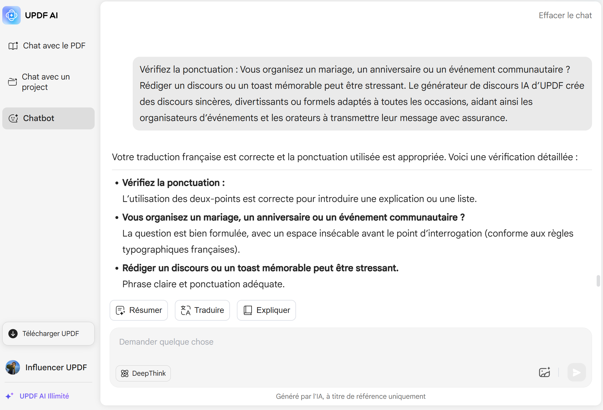 UPDF AI Vérificateur de ponctuation