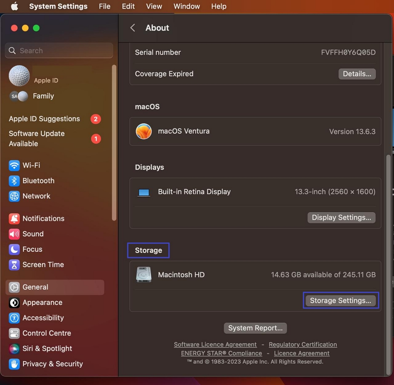 locate and select storage settings