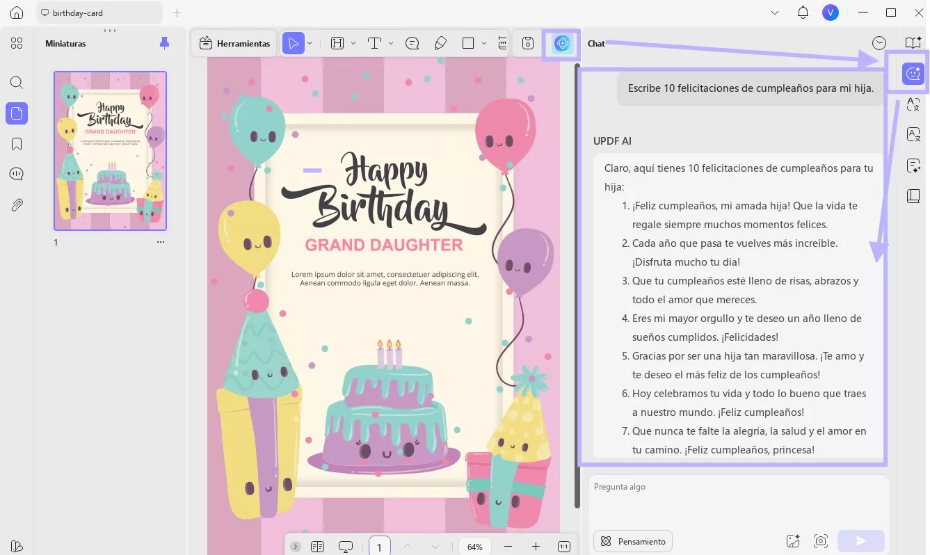 Deseos de cumpleaños generados por UPDF AI