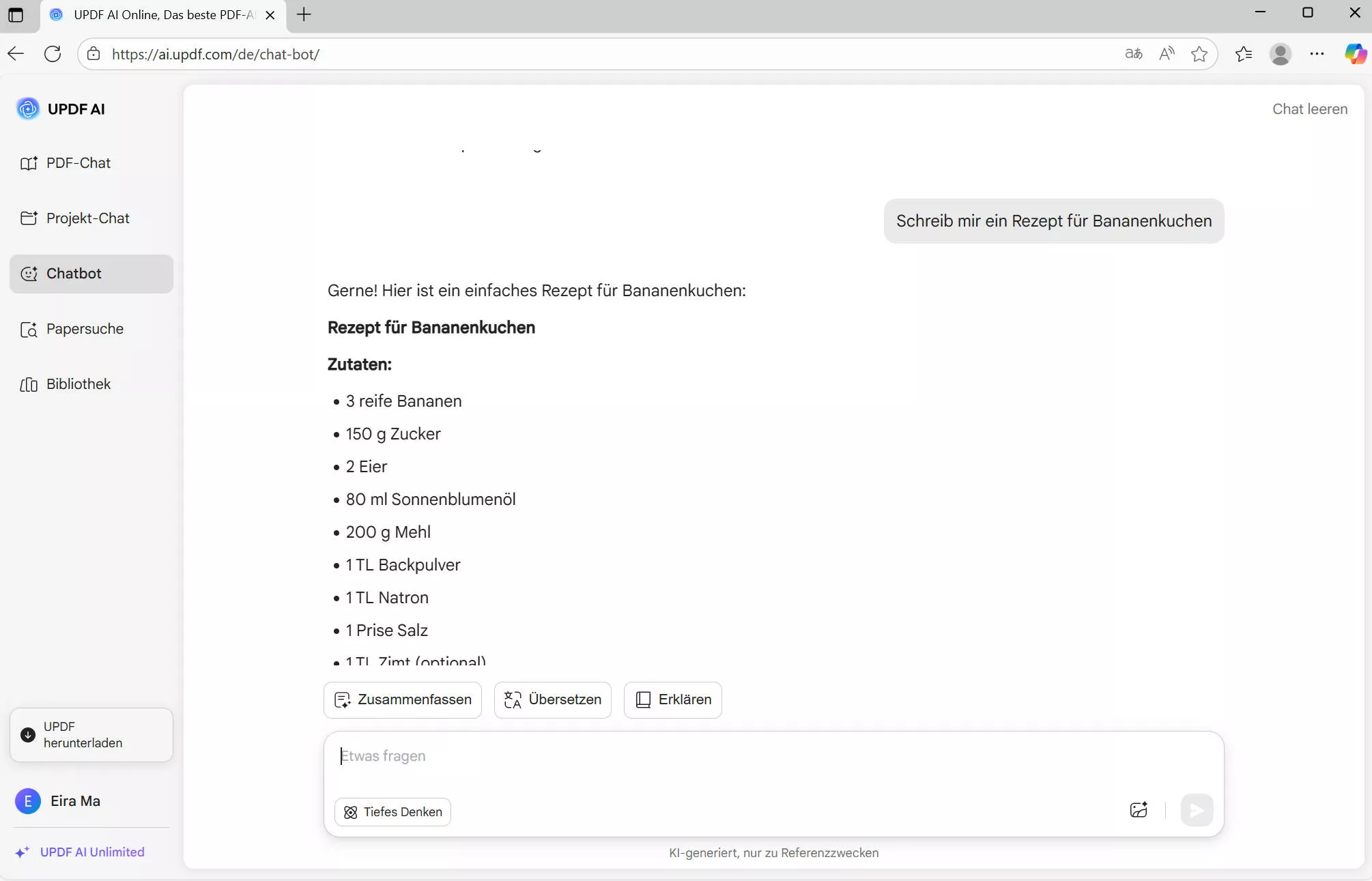 Fragen Sie alles mit dem Online AI Assistent der UPDF