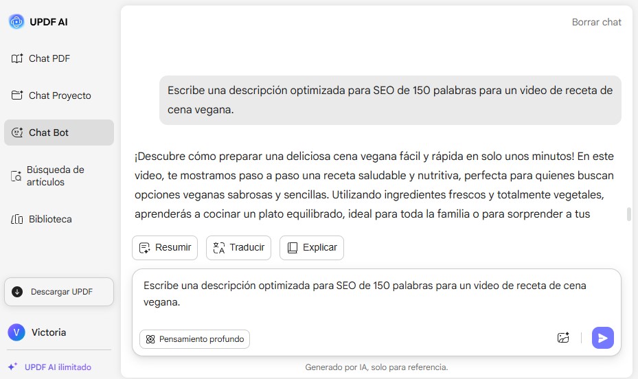 generador de descripciones de YouTube con updf ai