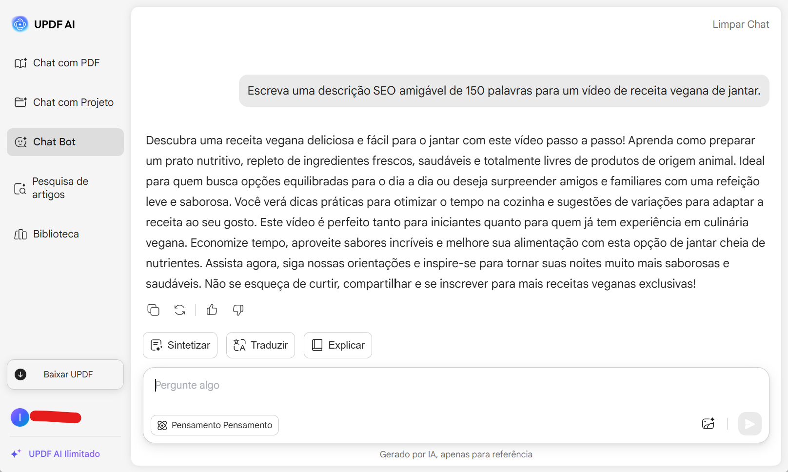 gerador de descrição para youtube da updf ai