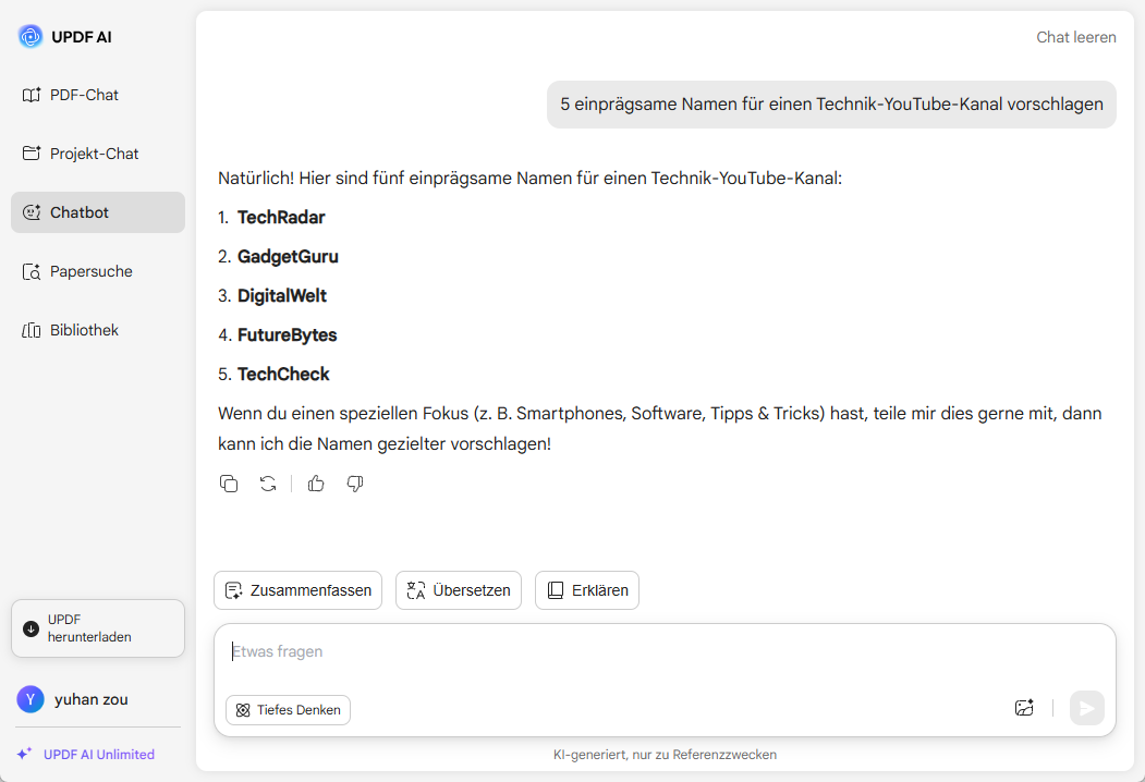 UPDF AI YouTube-Namensgenerator Oberfläche