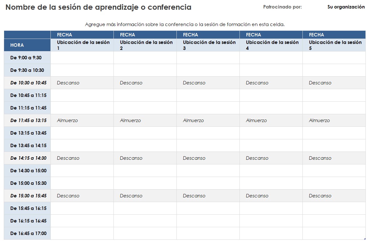 Plantilla de tareas para evento de 5 días en Excel