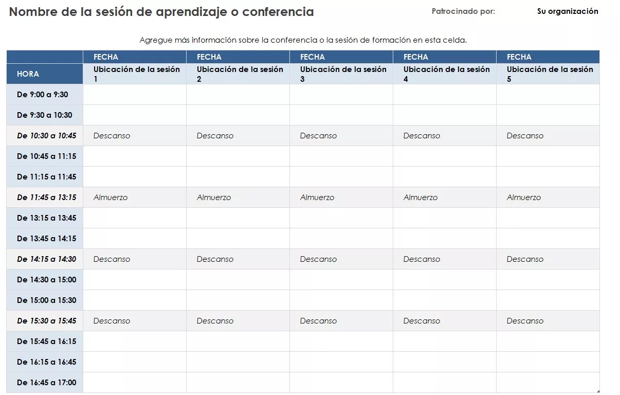 Plantilla de tareas para evento de 5 días en Excel