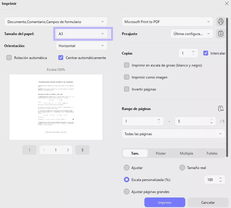 escalar el tamaño de página del PDF