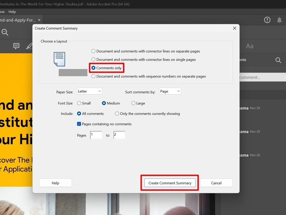 export comments from pdf to excel create comment summary