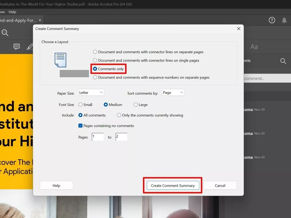export comments from pdf to excel create comment summary