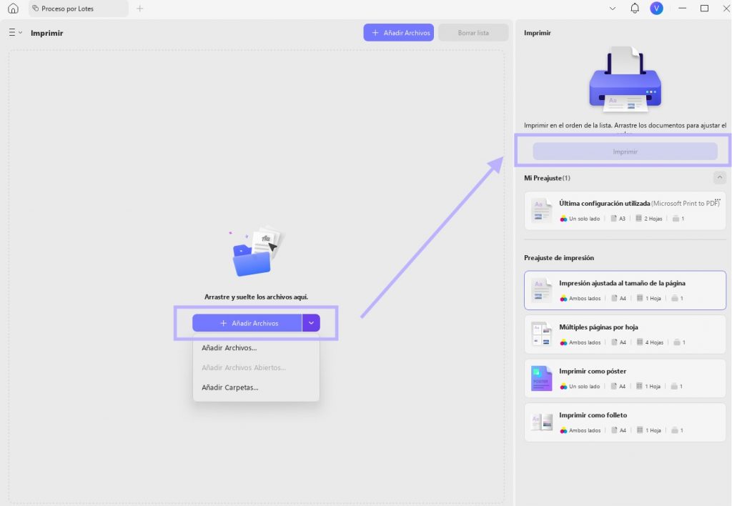 Agregar archivos para imprimir