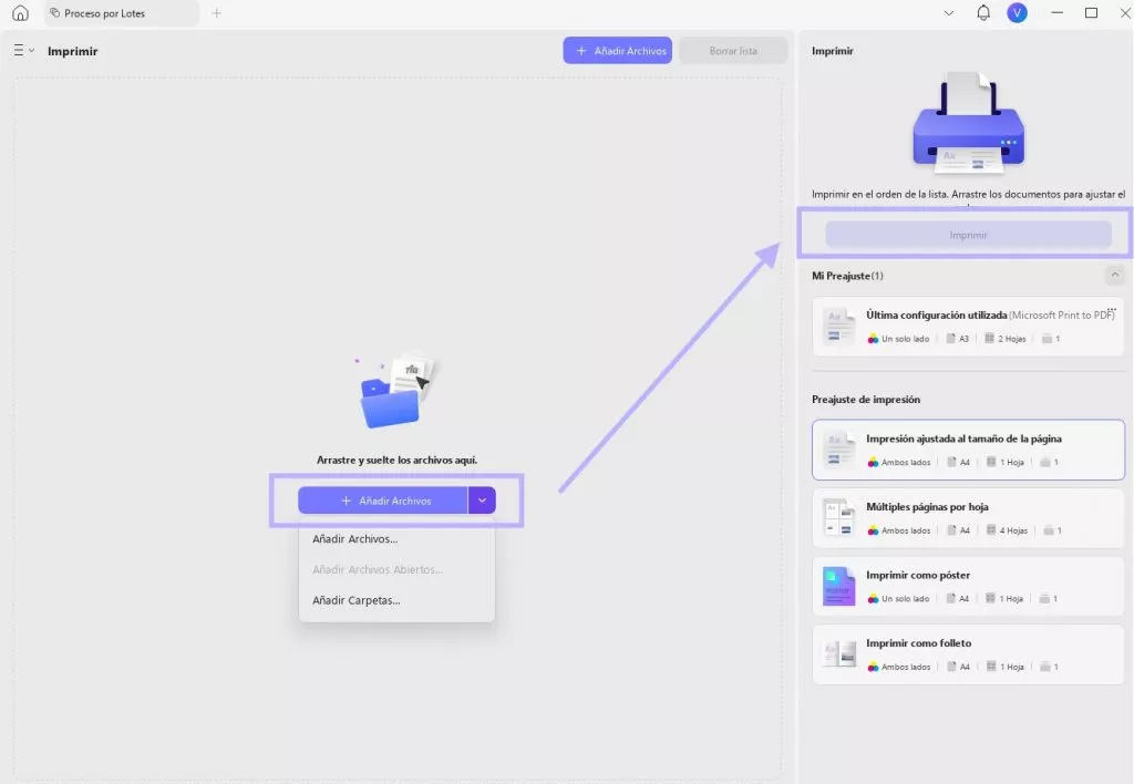 Agregar archivos para imprimir