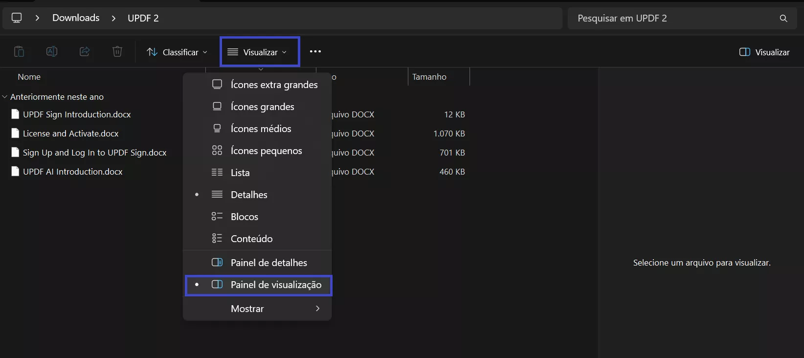 painel de visualização