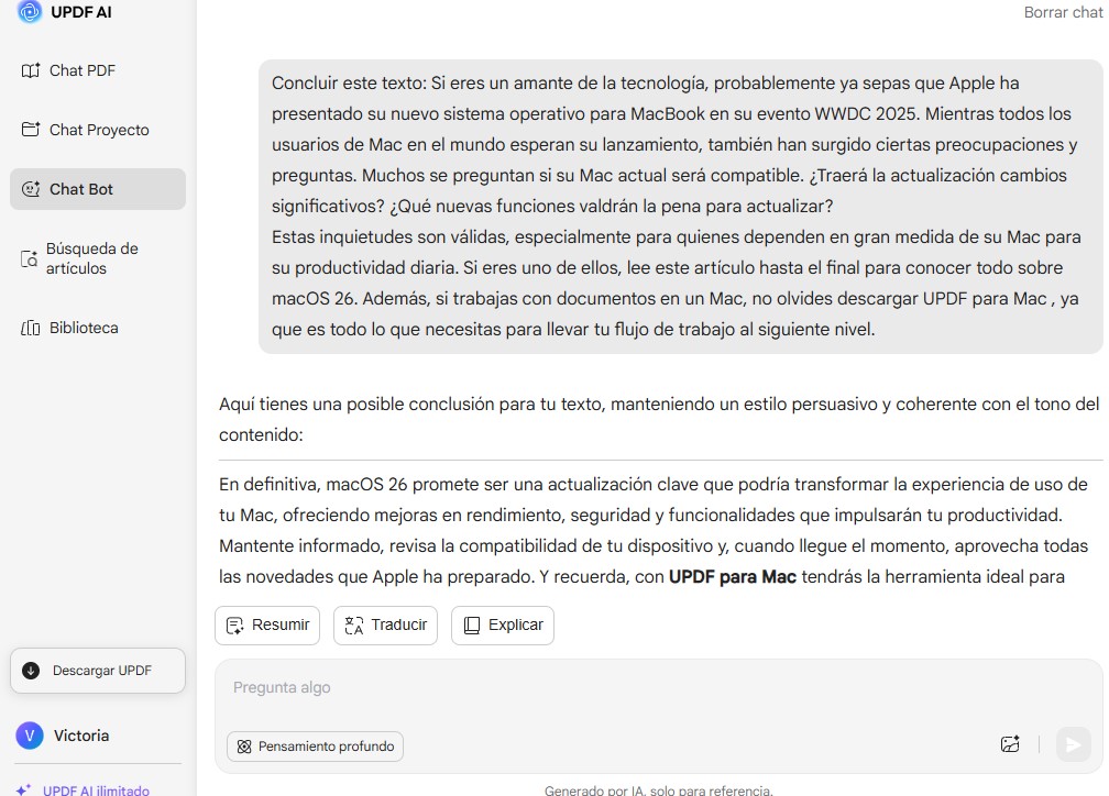 Generador de conclusiones con IA de UPDF