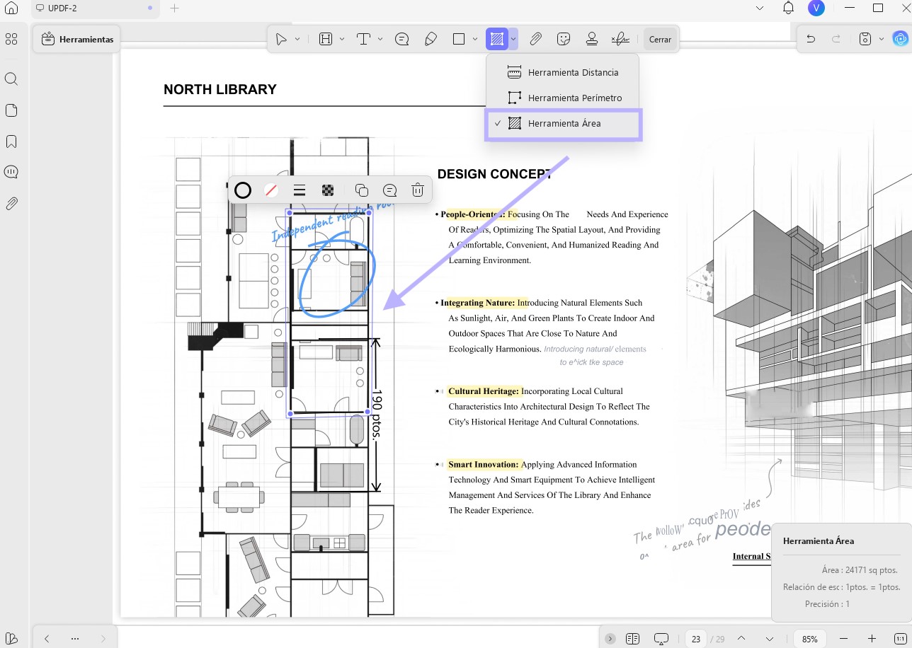 Herramienta de medición de Adobe Acrobat para el área de un archivo PDF.