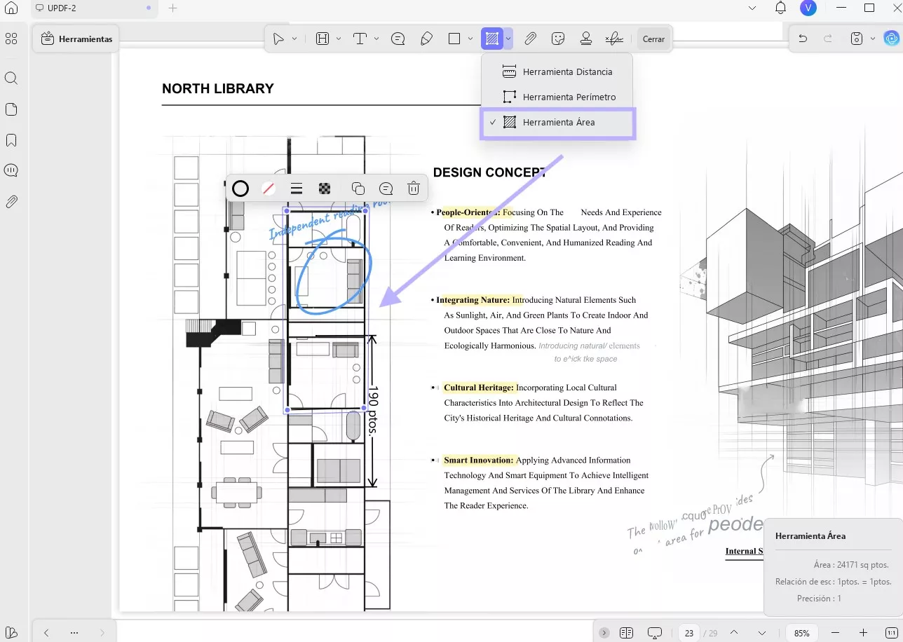 Herramienta de medición de Adobe Acrobat para el área de un archivo PDF.