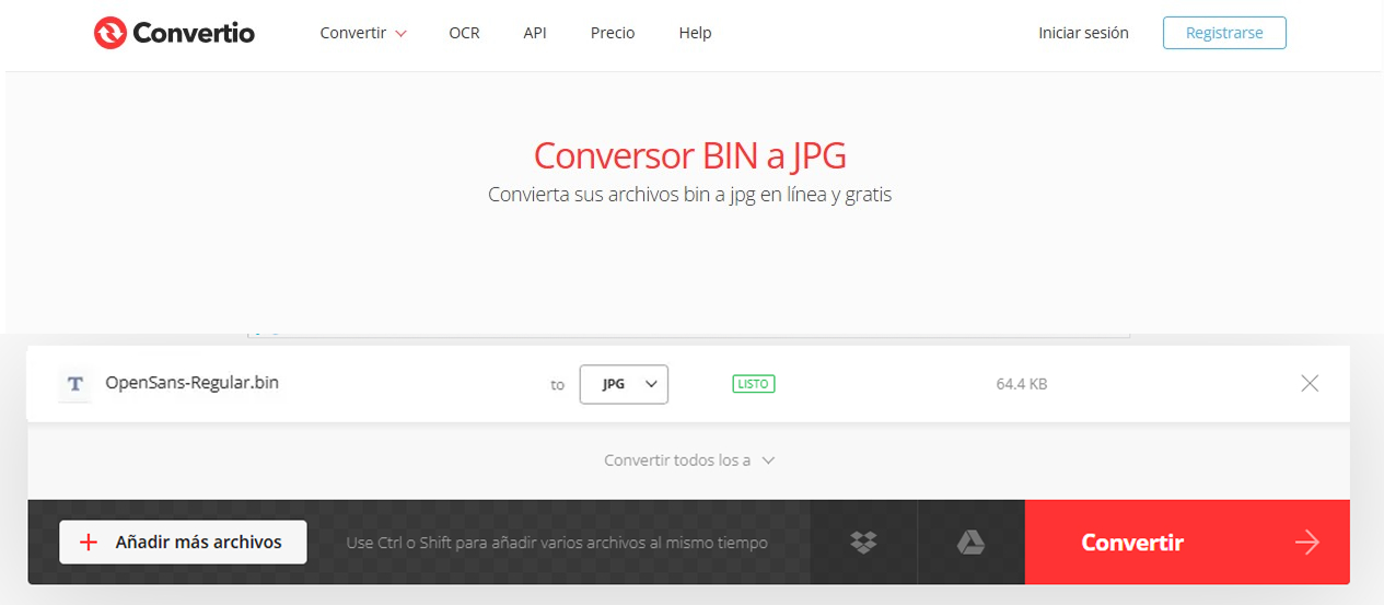 Convertio para convertir BIN a PDF