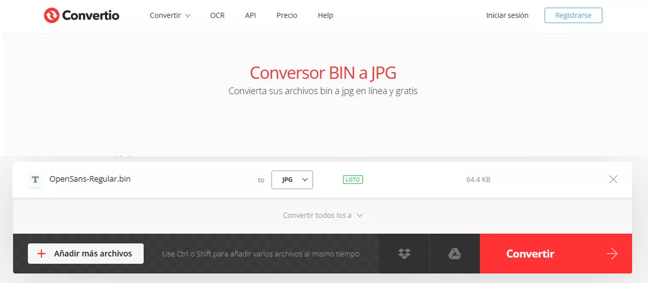 Convertio para convertir BIN a PDF
