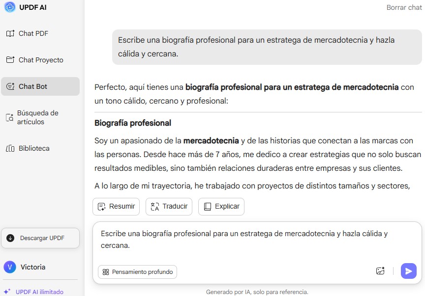 el Generador de Biografías con UPDF AI.