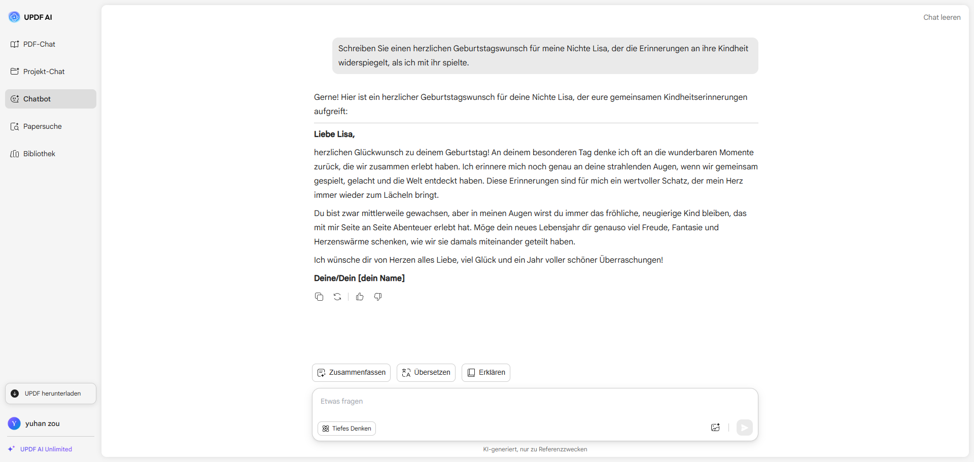 Geburtstagswunsch für Nichte generiert von updf online ai assistant.