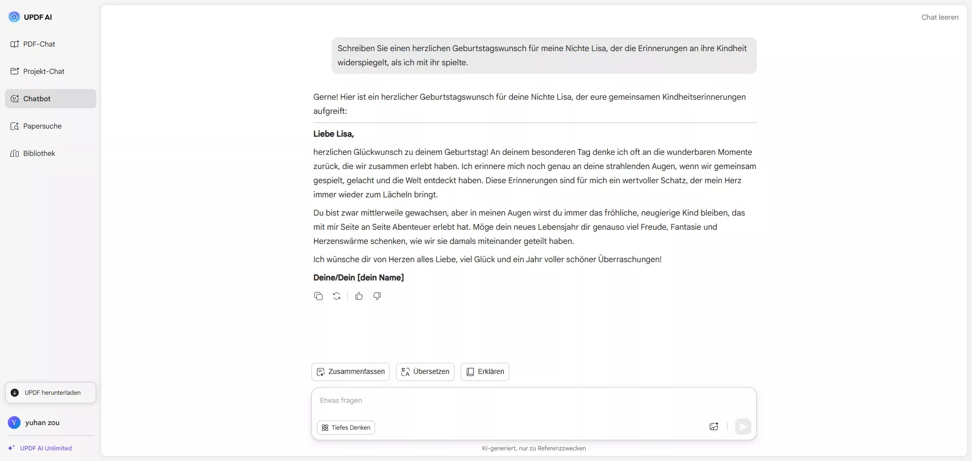 Geburtstagswunsch für Nichte generiert von updf online ai assistant.