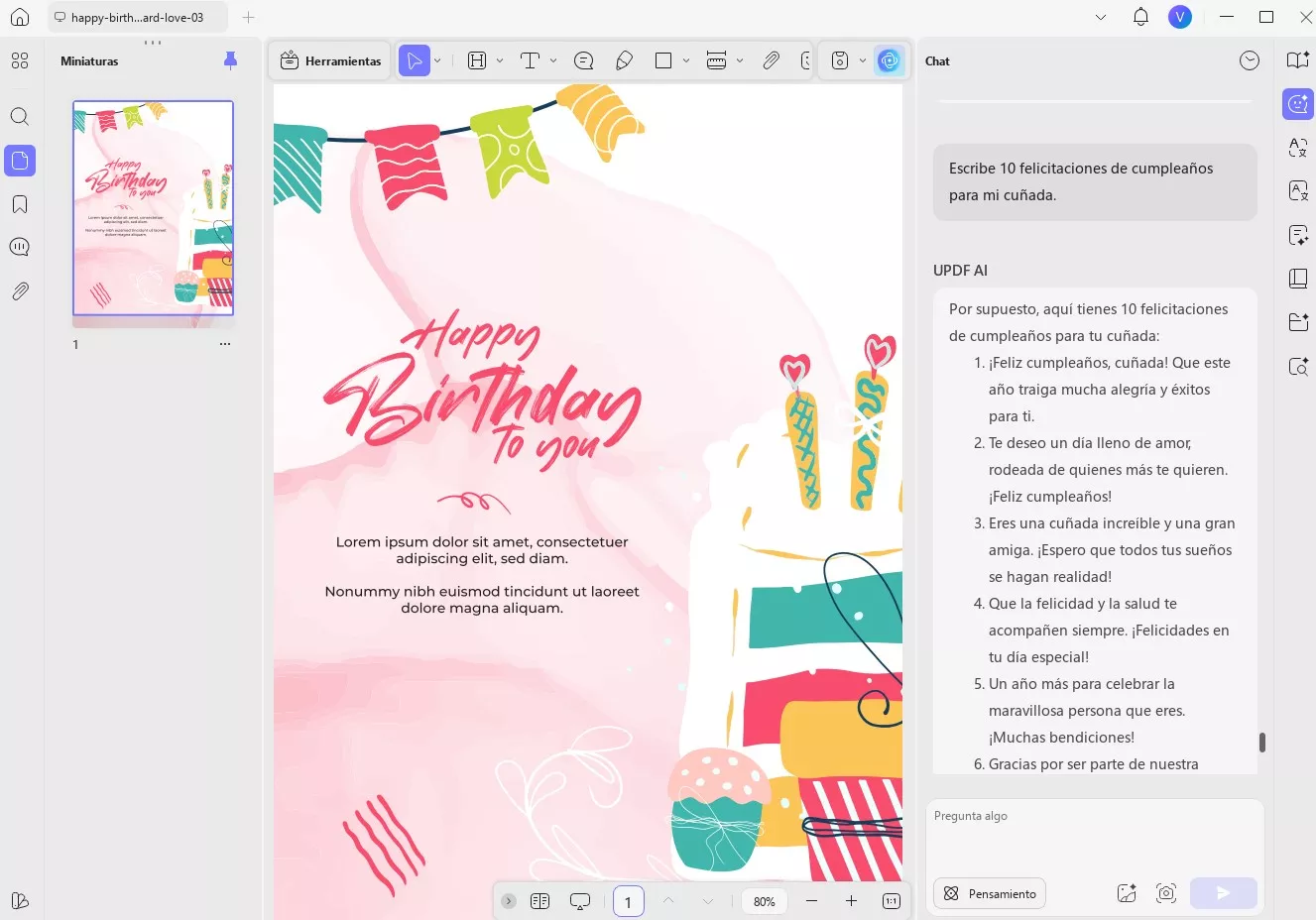 Deseos de cumpleaños generados por UPDF AI