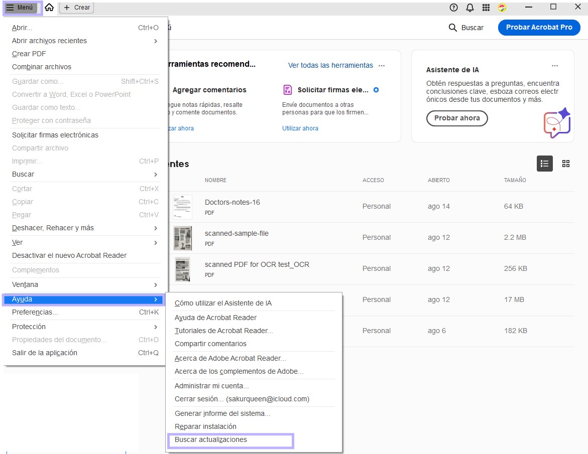 Buscar actualizaciones de Adobe Acroba