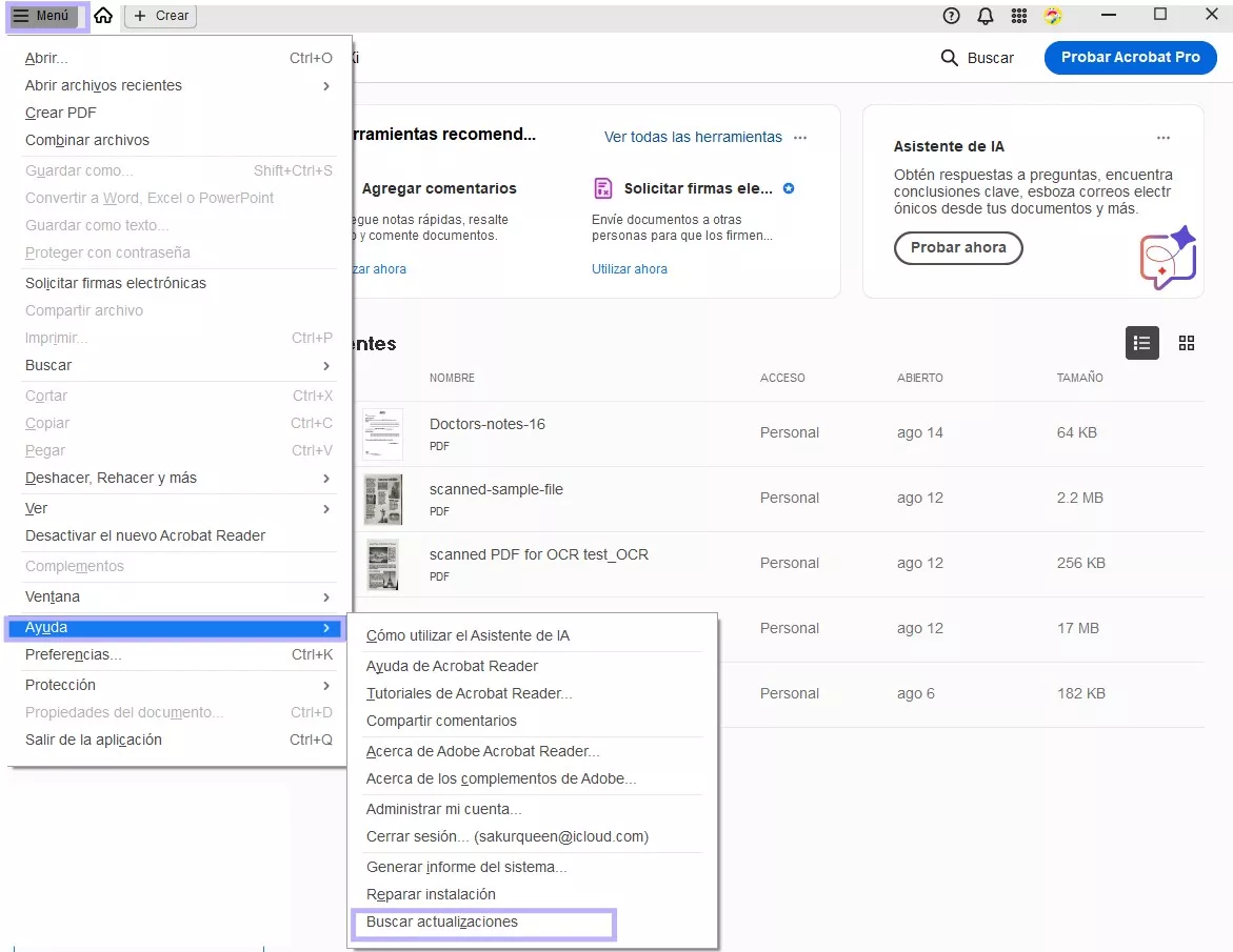 Buscar actualizaciones de Adobe Acroba
