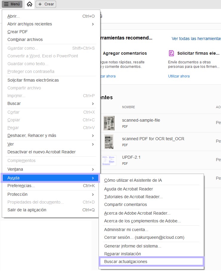  Buscar actualizaciones en Acrobat