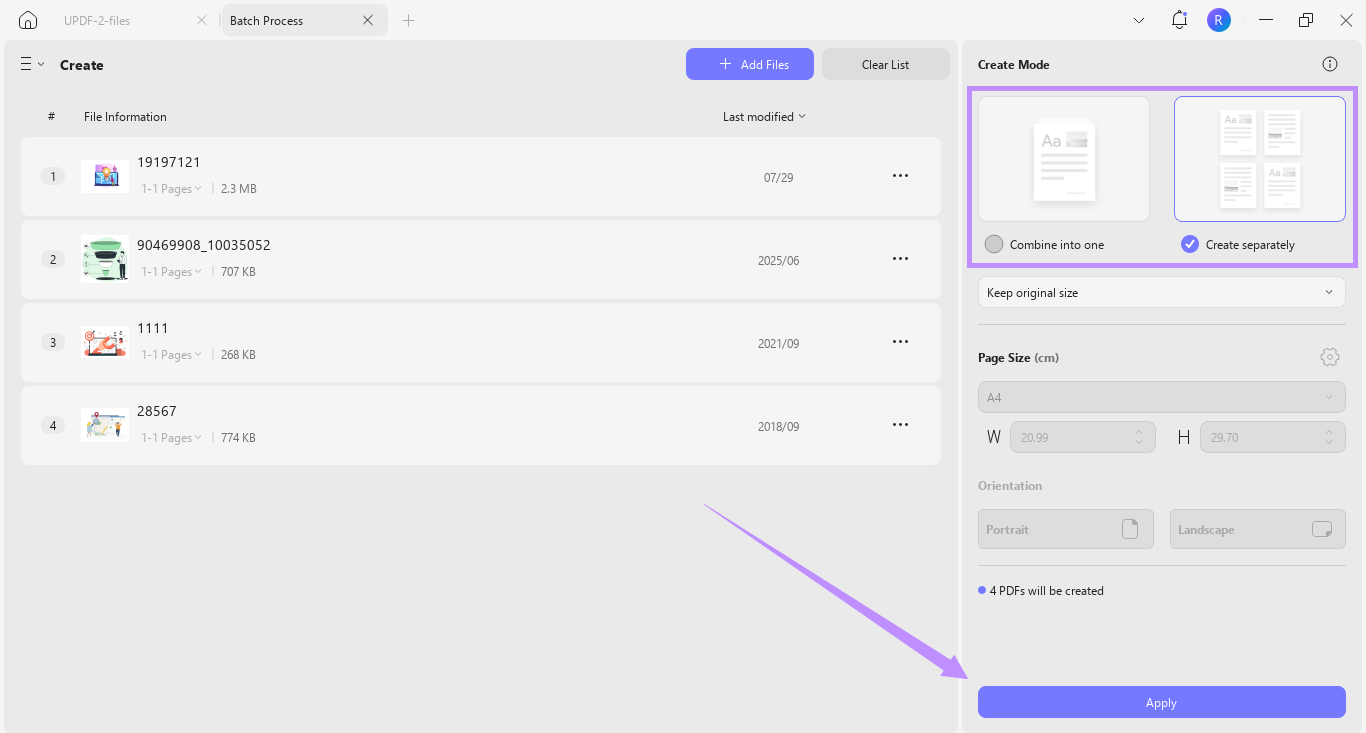 choose a create mode and click apply in updf