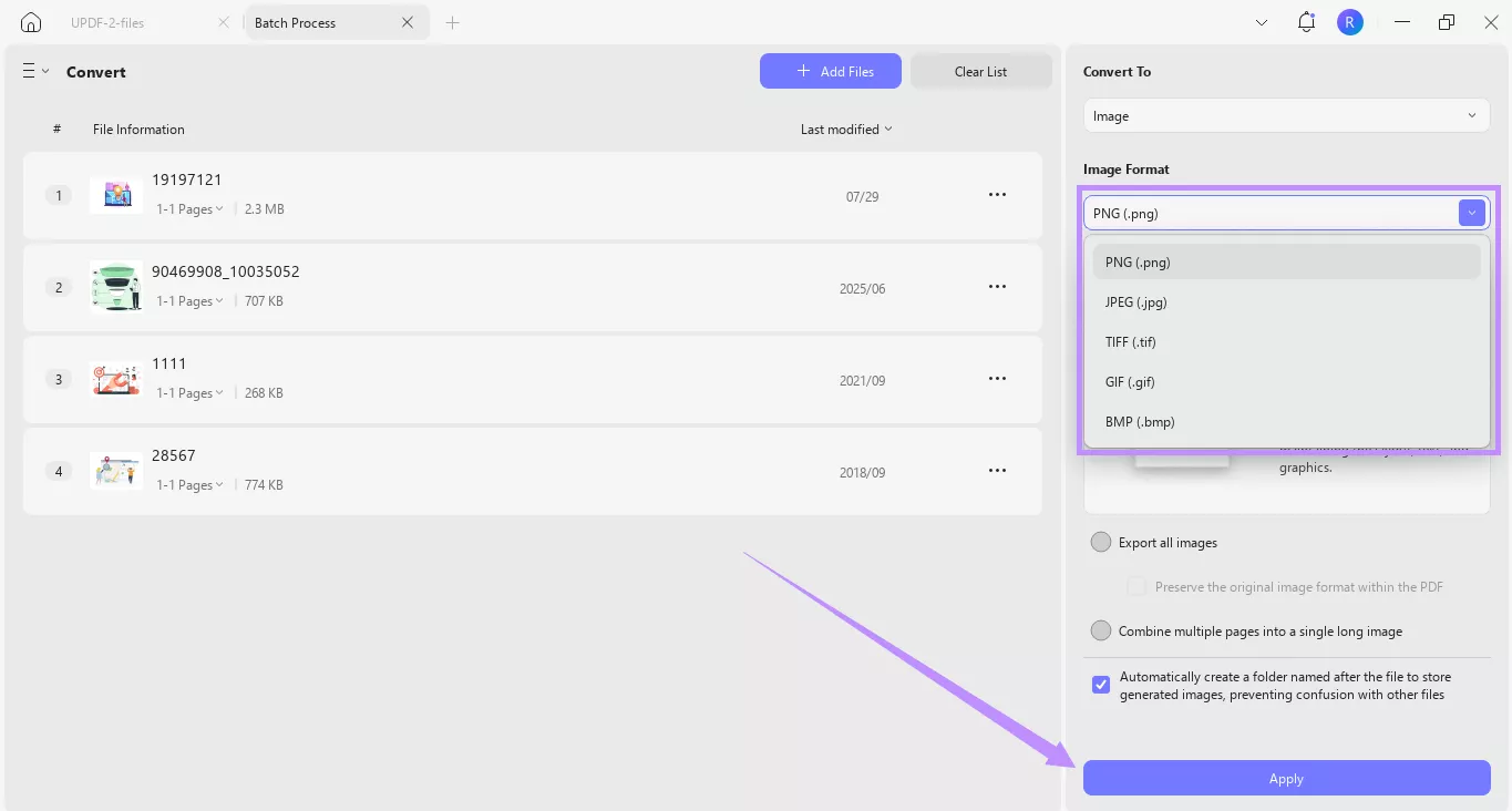 choose an image format and click apply in updf