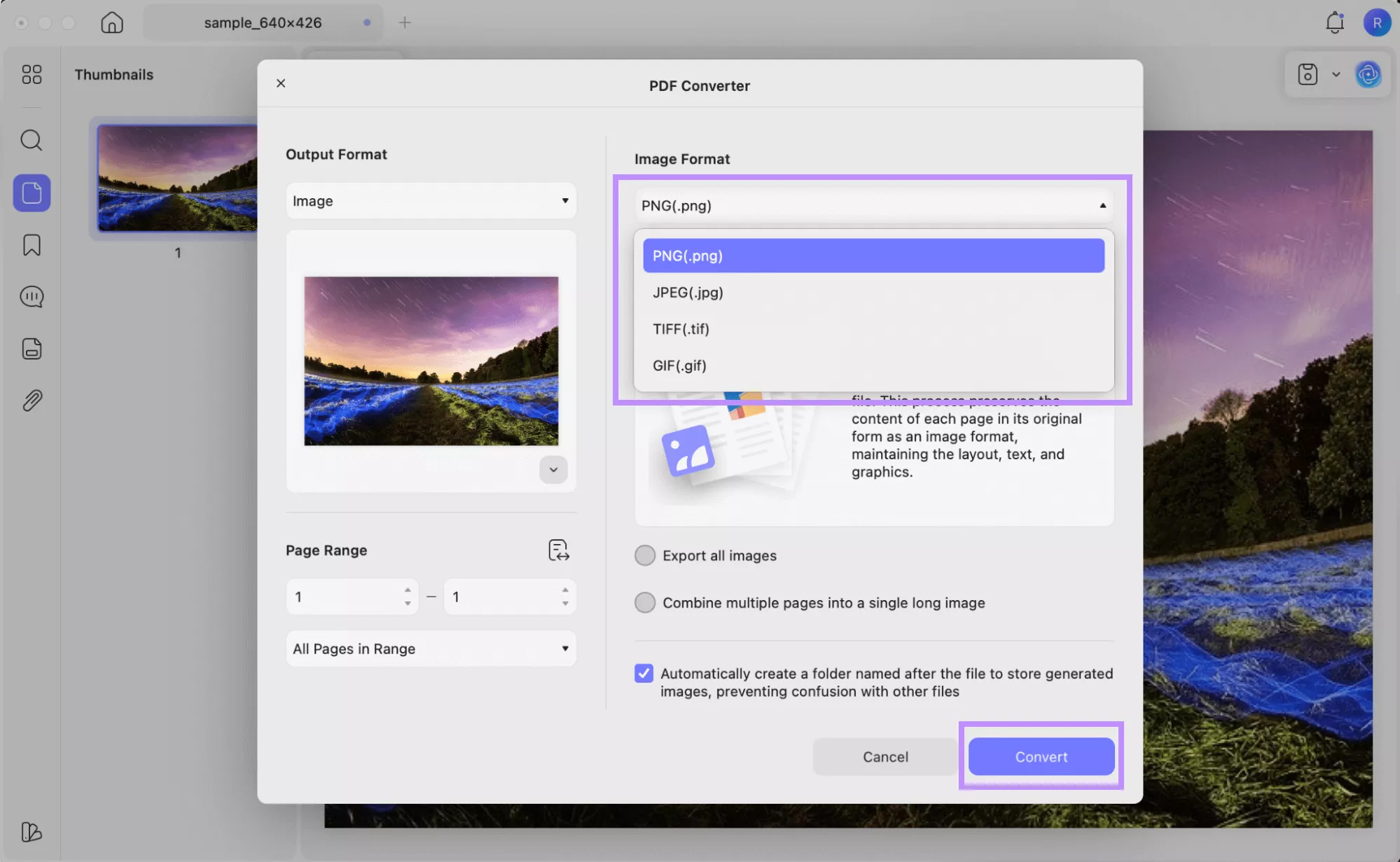 choose an image format to convert in updf mac