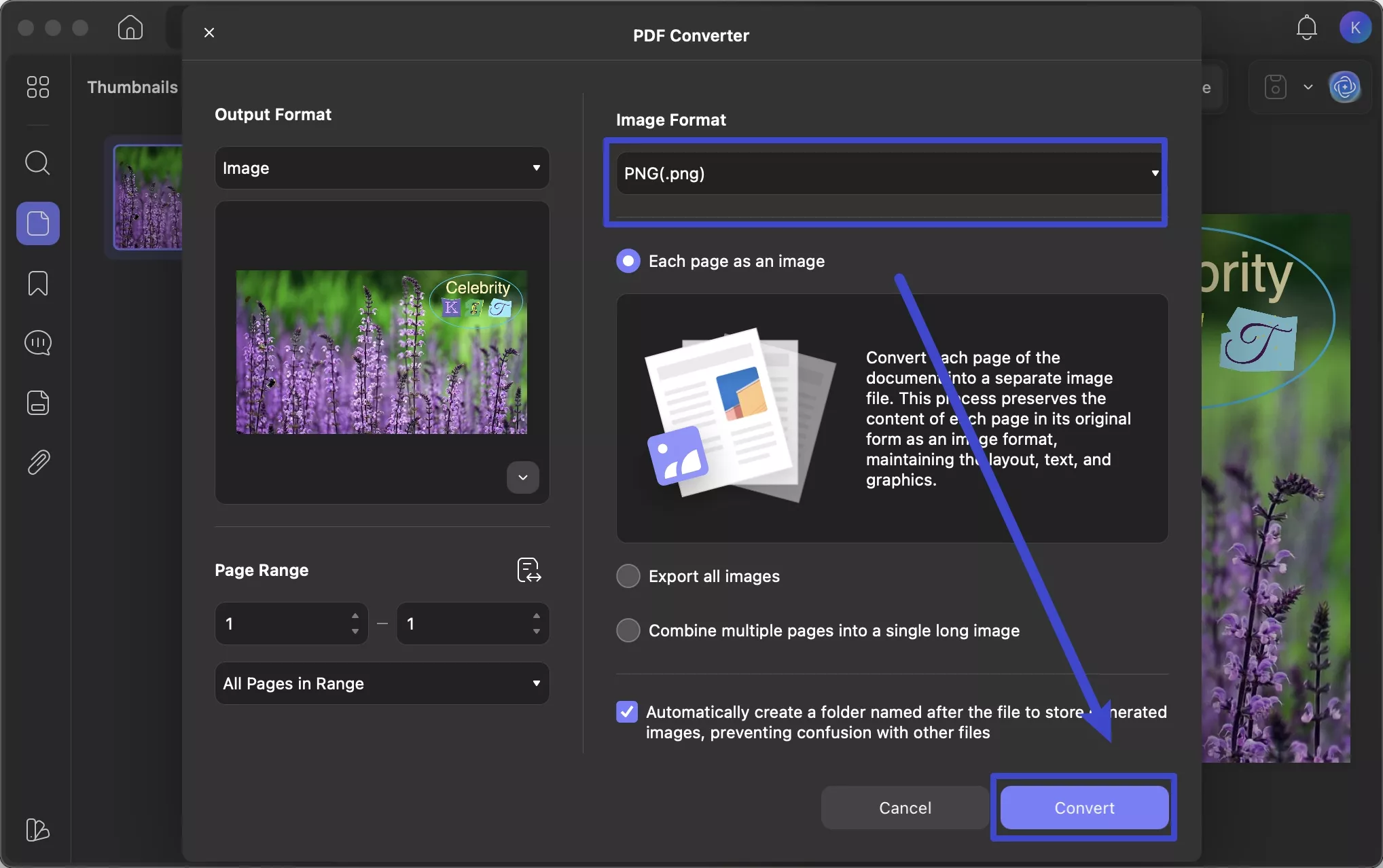 choose desired image format to convert to png updf mac