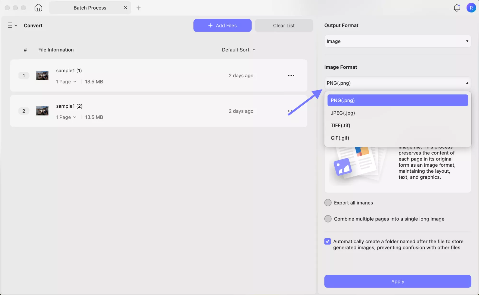 choose the image format updf mac to convert to png or jpg