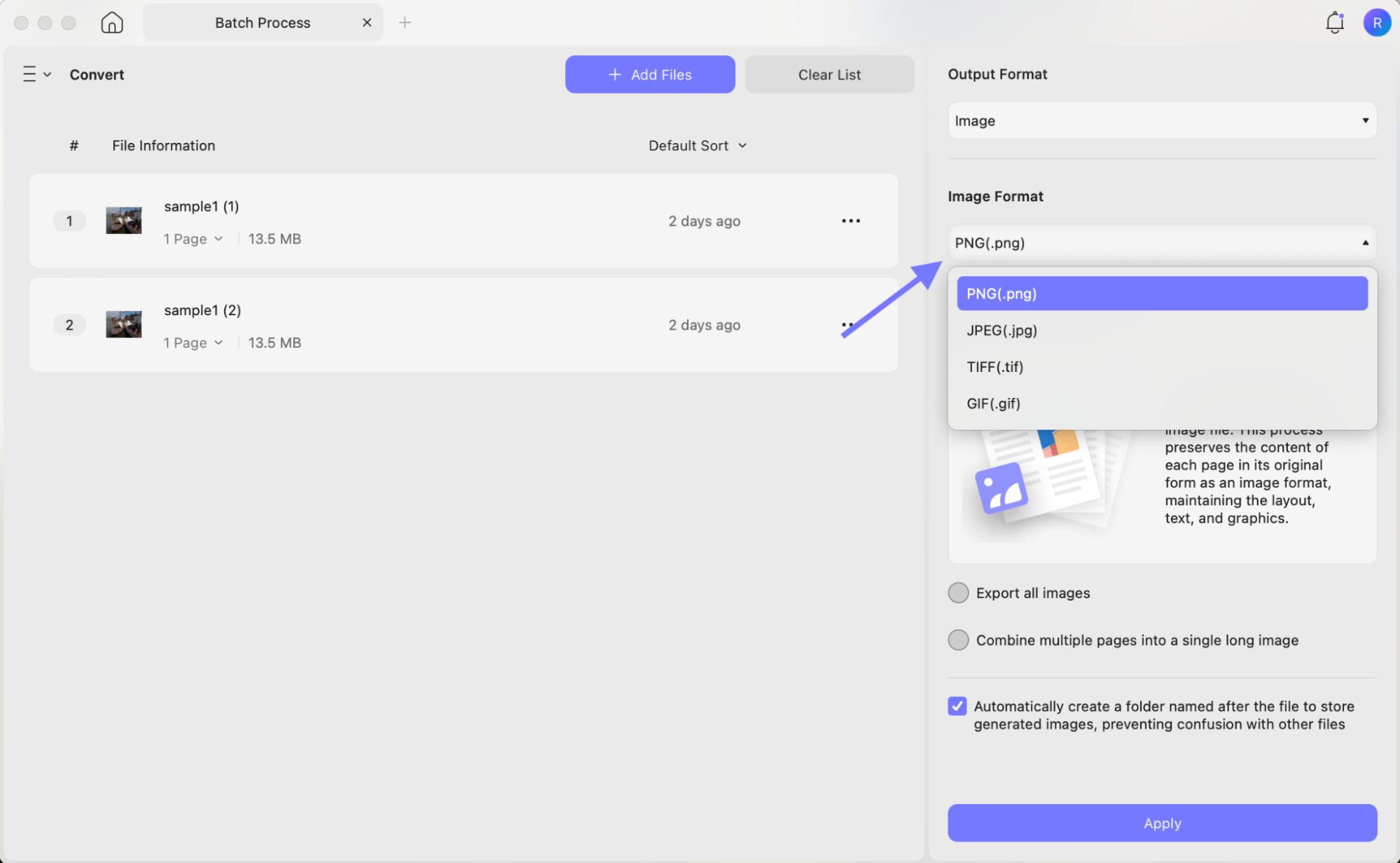choose the image format updf mac to convert to png or jpg