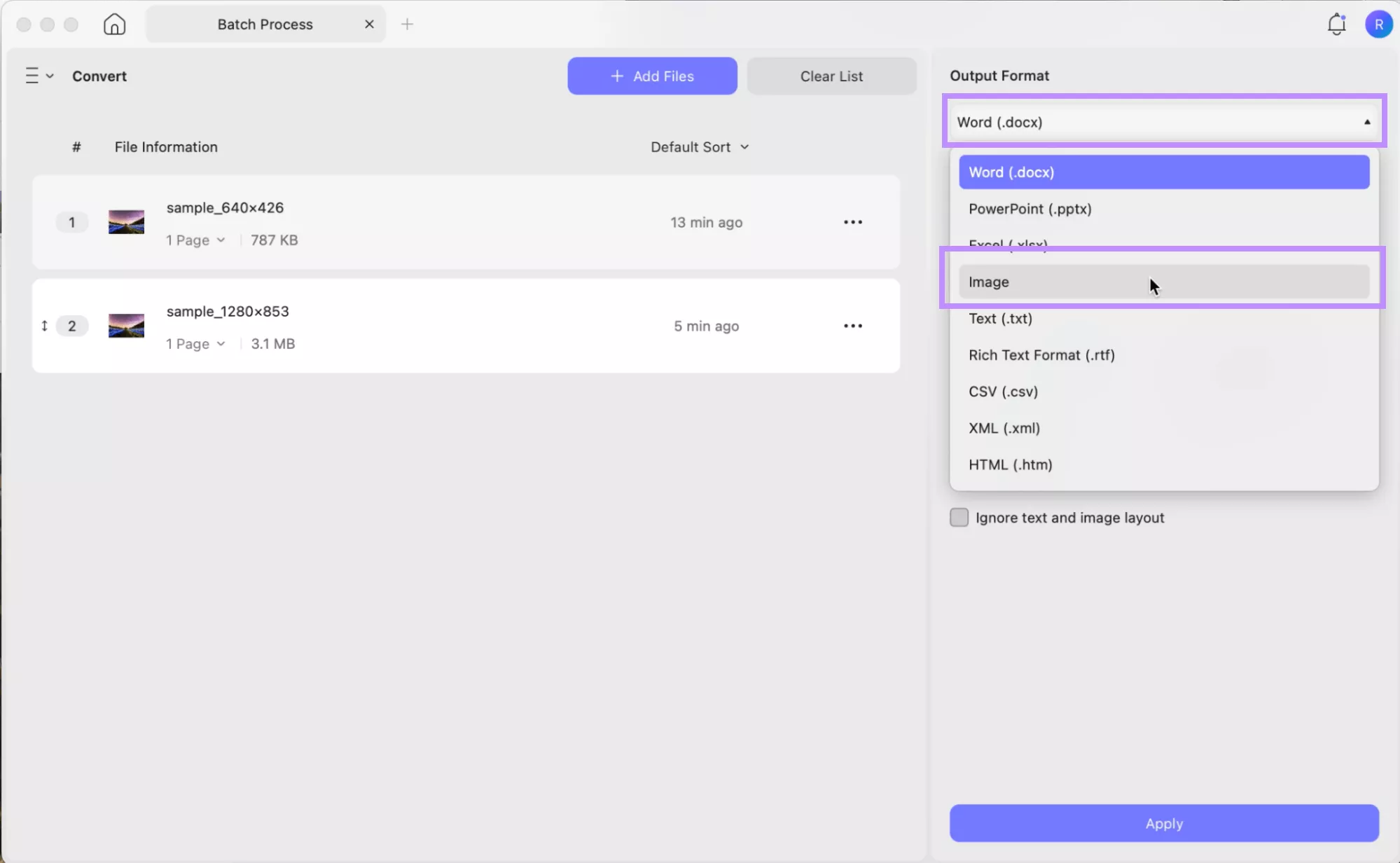 choose the image output format updf mac