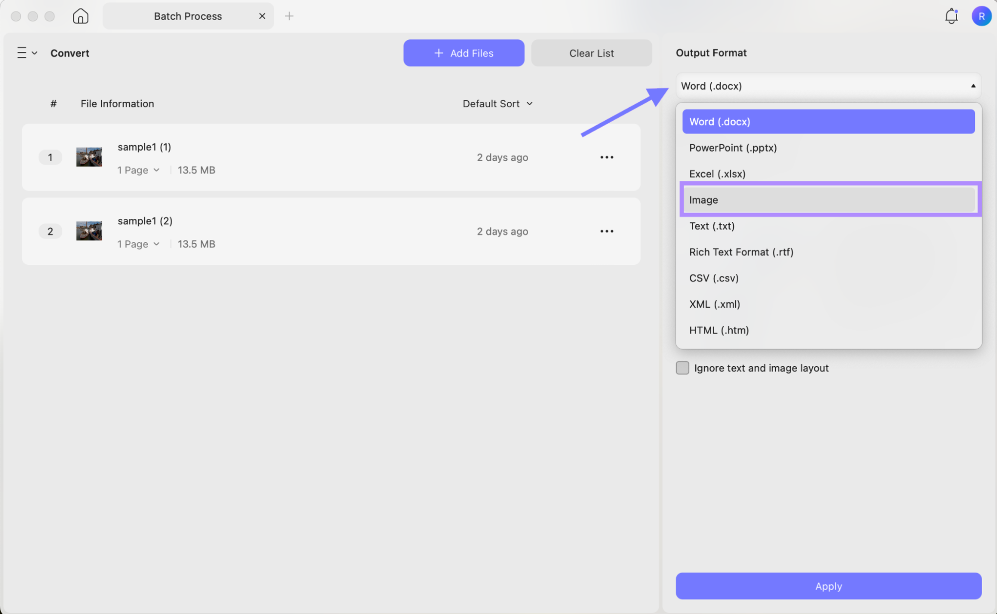 choose the output format updf mac