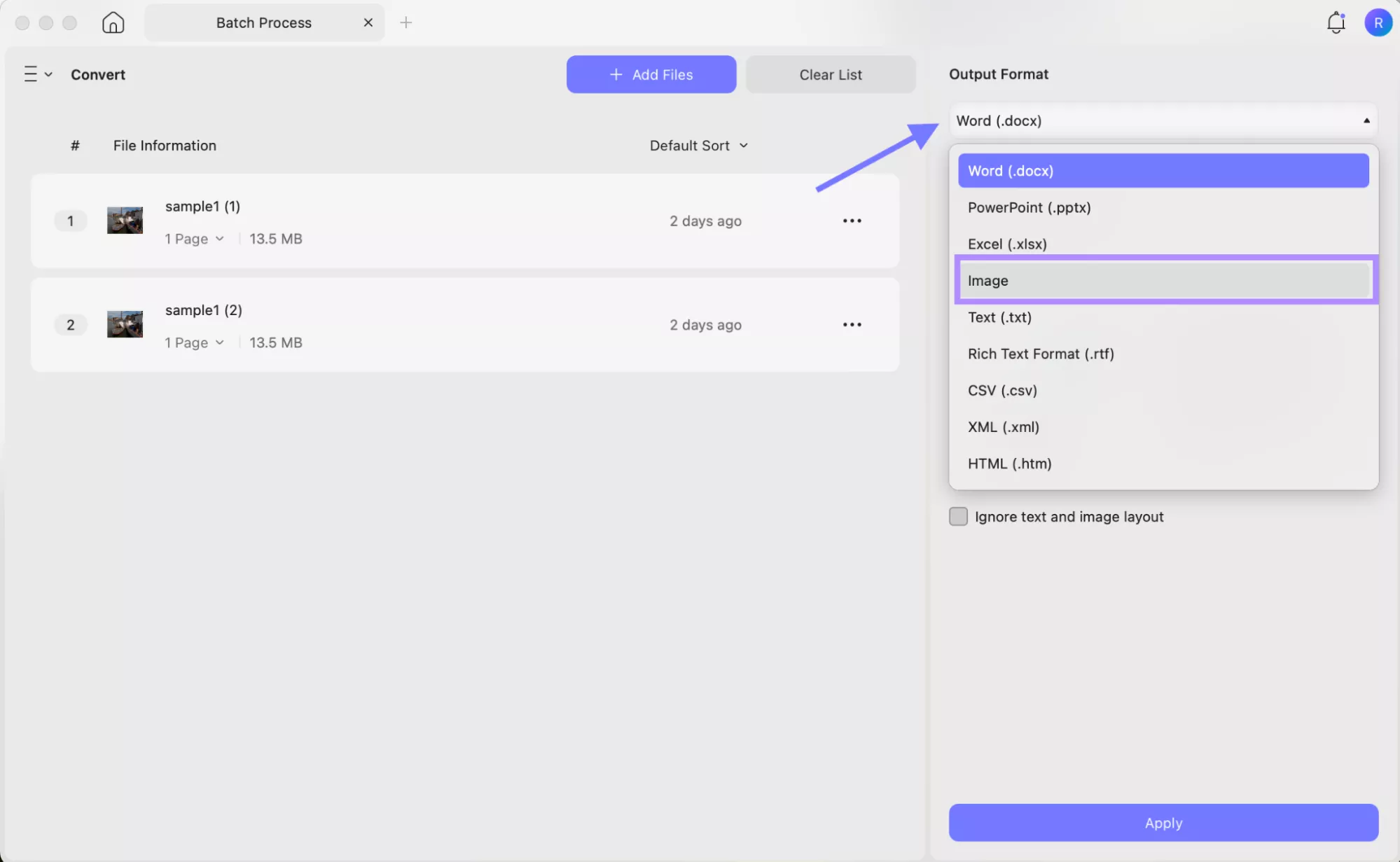 choose the output format updf mac