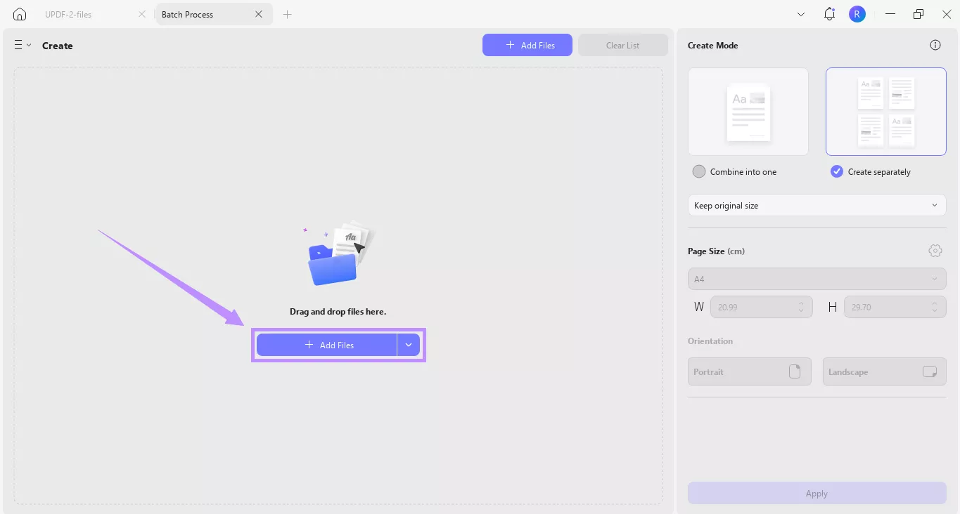 click add files in updf