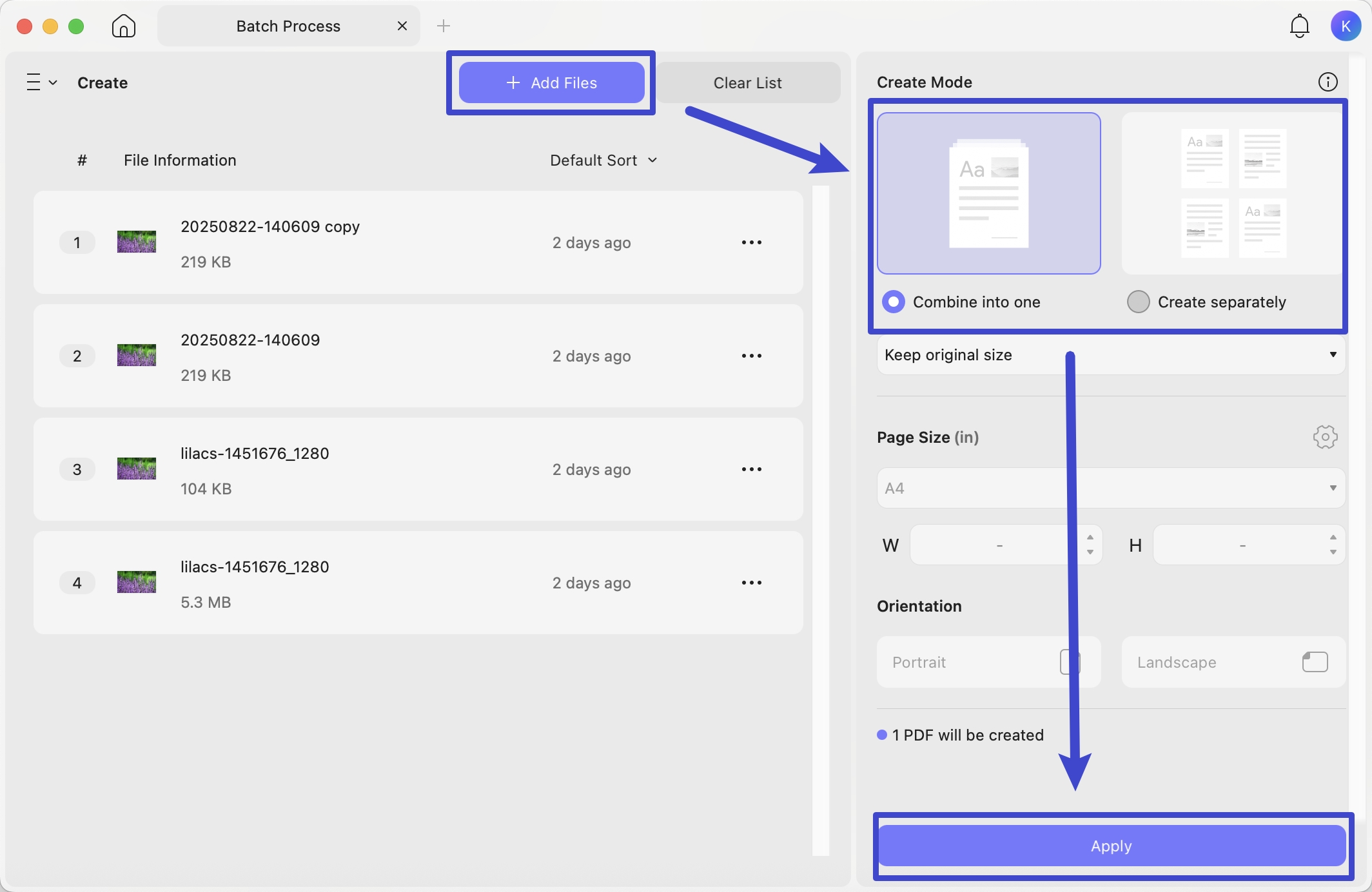 click add files in updf mac batch create