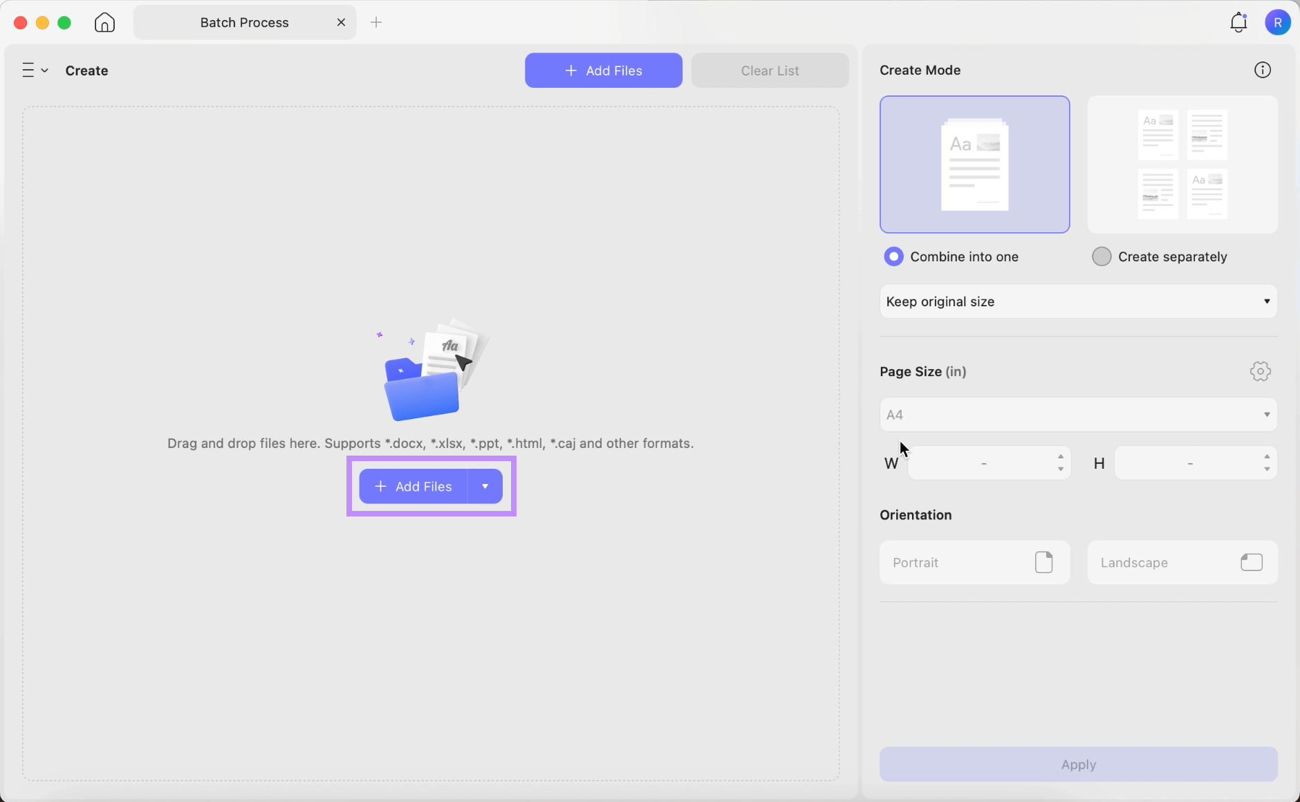  click add files in updf mac for batch creating