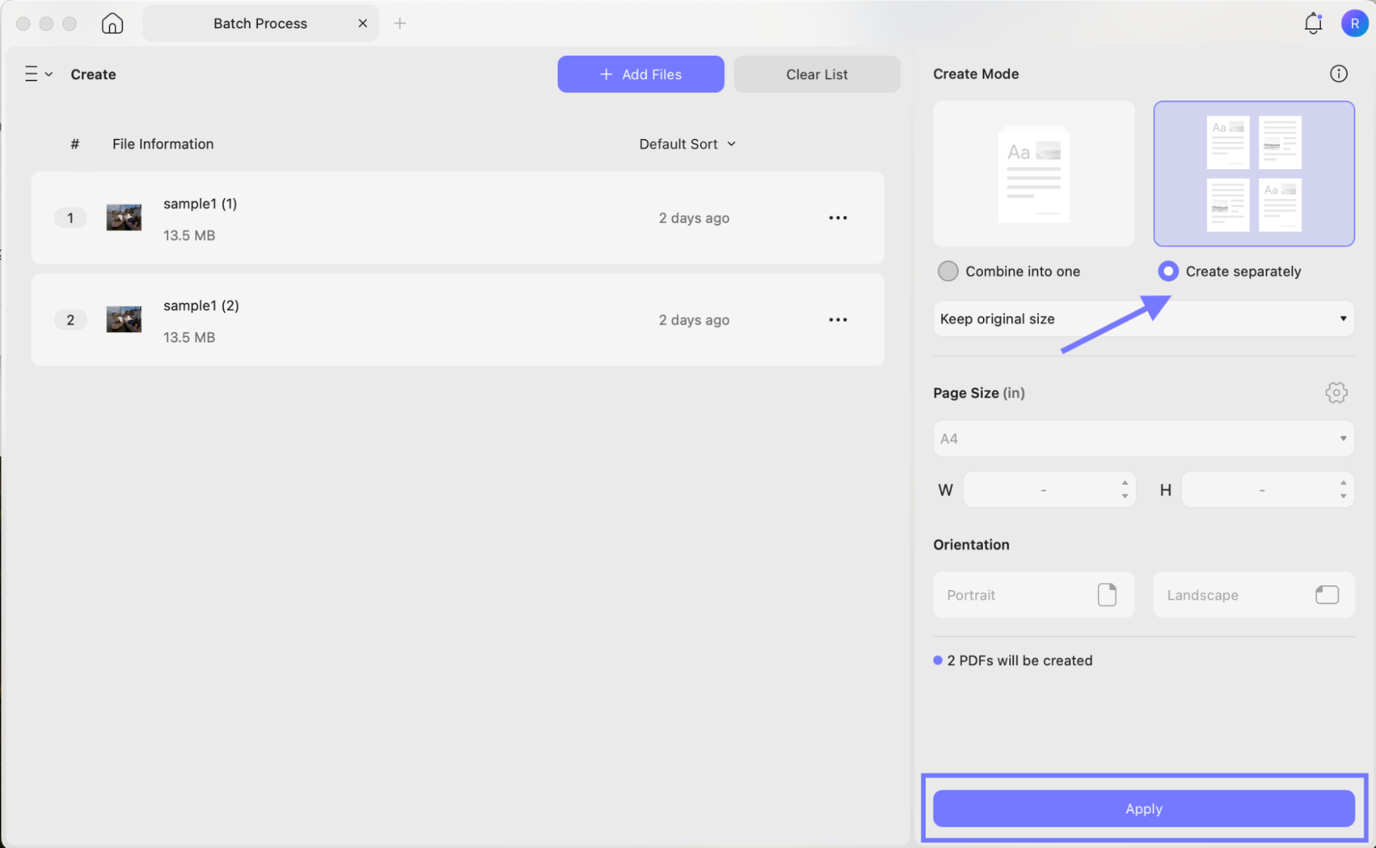 select settings and click apply to batch convert raf to pdf updf mac