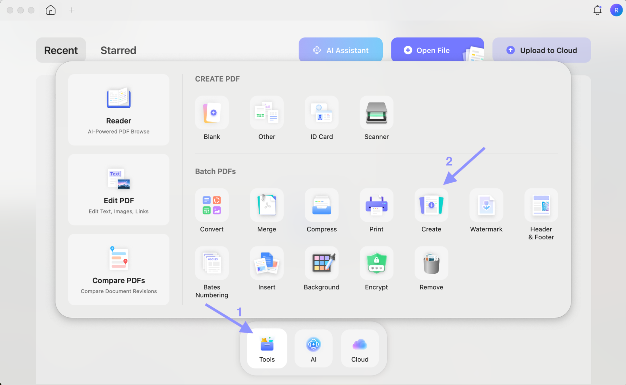  click the create button after clicking tools updf mac
