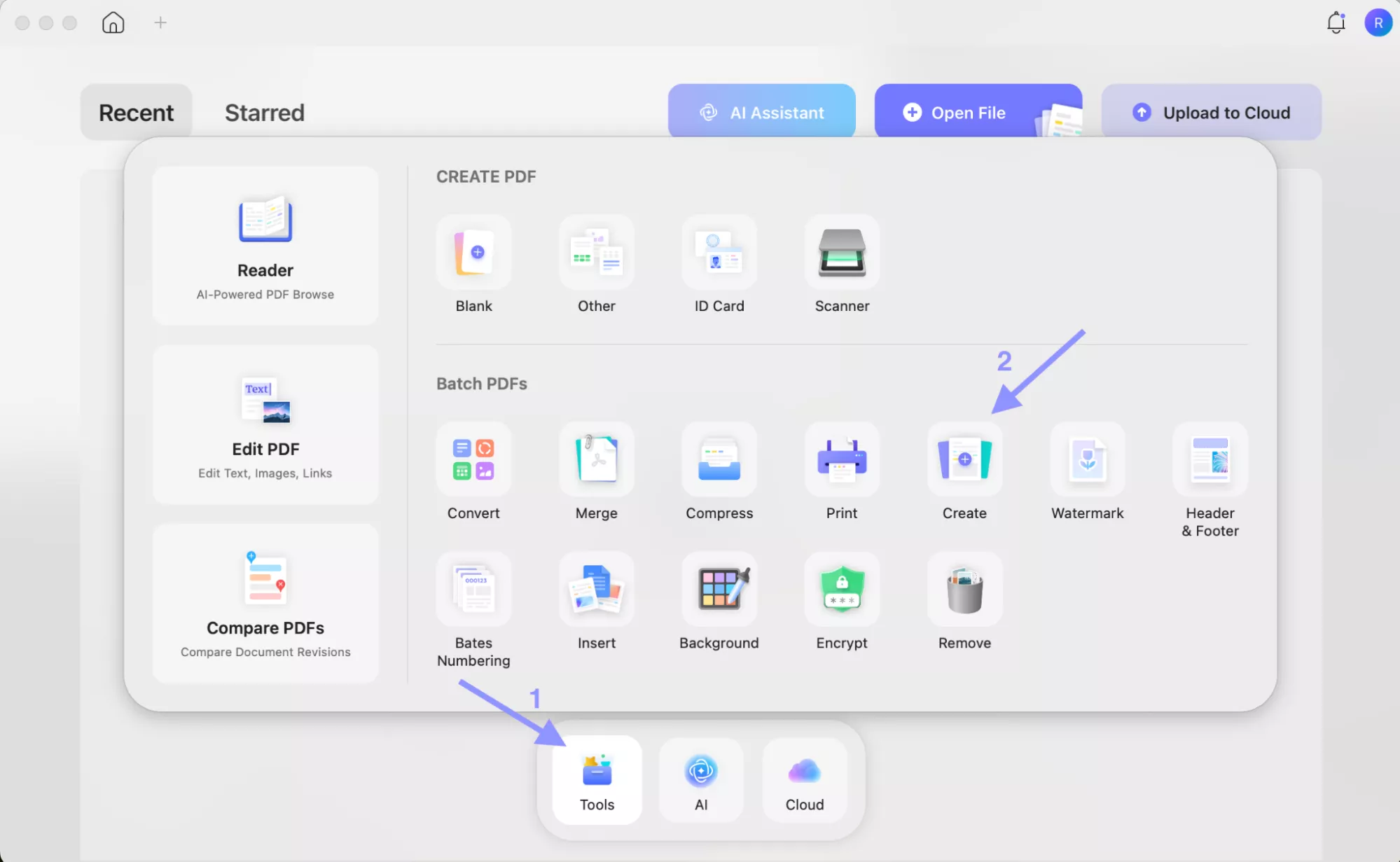 click the create button after clicking tools updf mac
