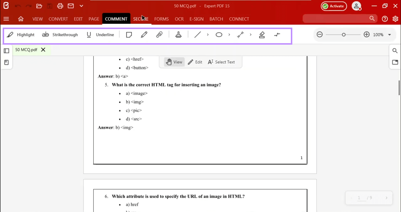 comment tool in expert pdf