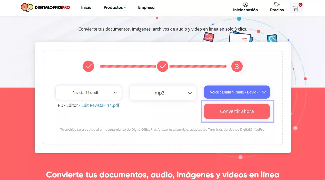 Pulse el botón convertir ahora