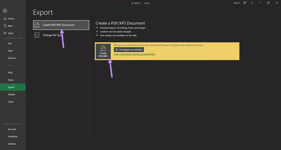 Create PDF/ XPS Document excel