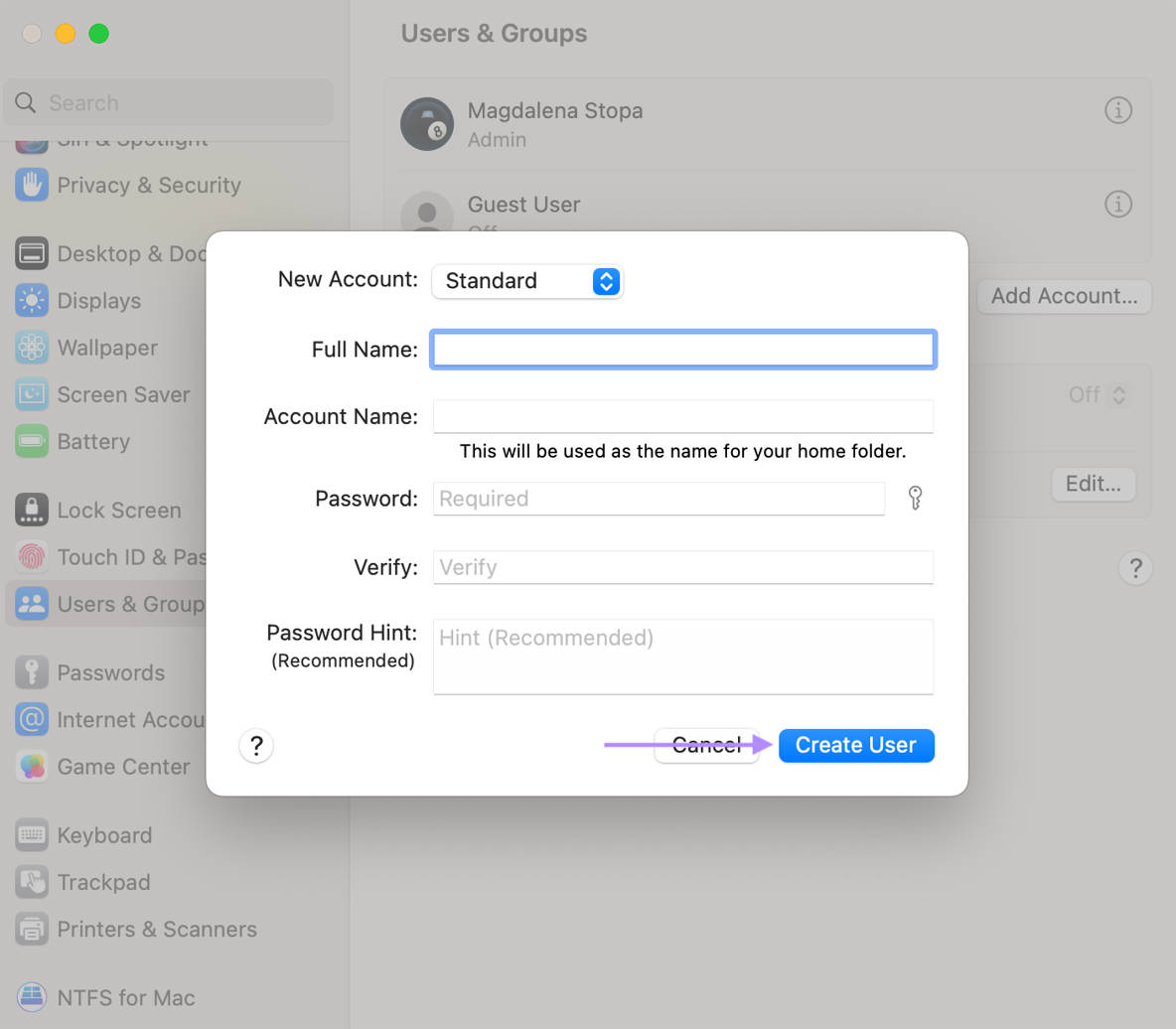 create user mac