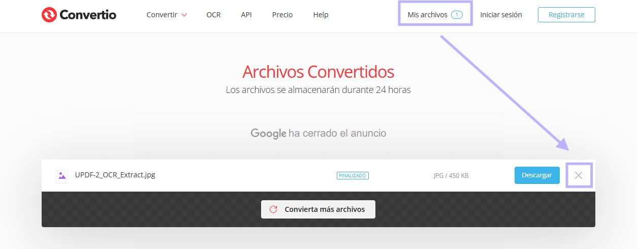 Eliminar archivos en Convertio